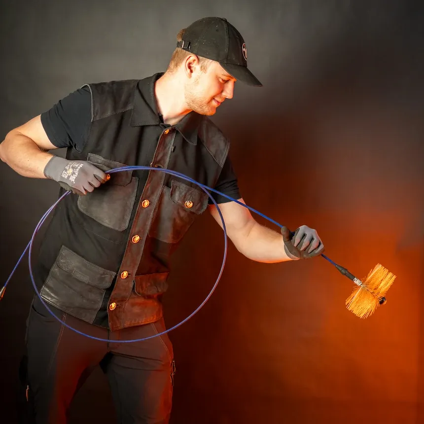 Ein Mitarbeiter mit Kehrgerät und aufgerolltem Gestänge beim Reinigen einer Feuerstätte